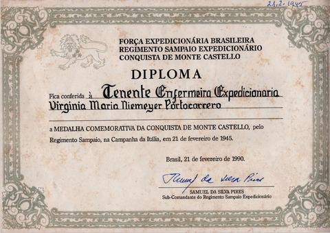 Diploma conferindo a Medalha Comemorativa da conquista de Monte Castello
