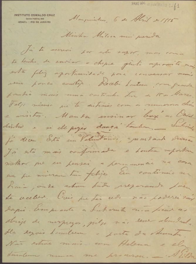 Cartas de Elisa e de seu marido, Joaquim Vidal, enviadas ao titular após sua volta ao Brasil em 1915